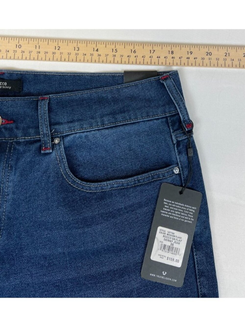 True Religion Men's 36 Rocco Relaxed Skinny Blue Flap Pocket Jeans NWT - Picture 9 of 14